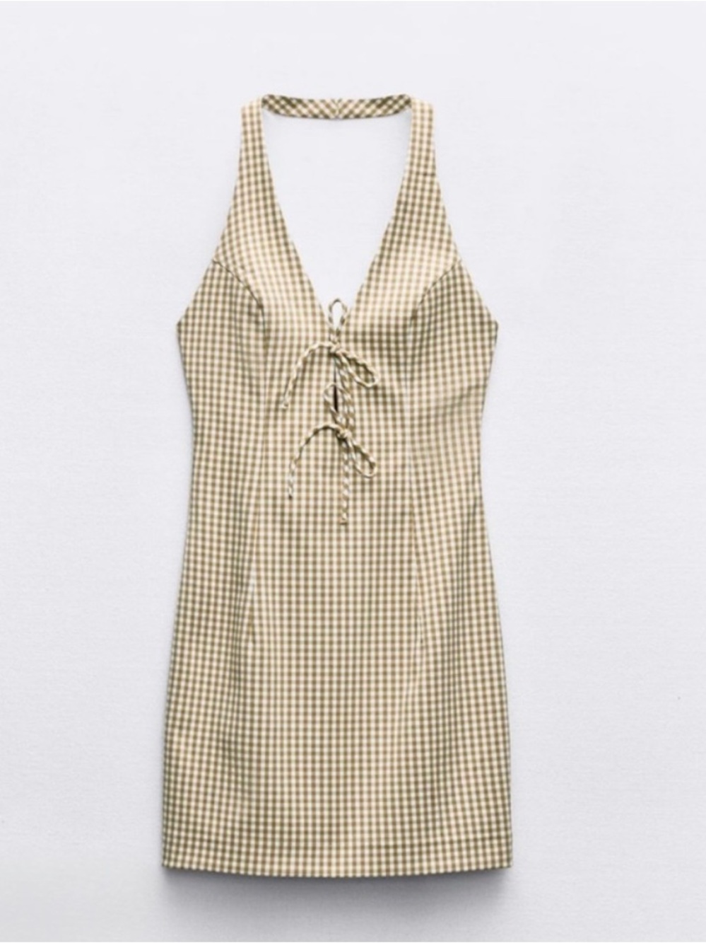 Zara Beige Gingham Halter Lace-Up Mini Dress